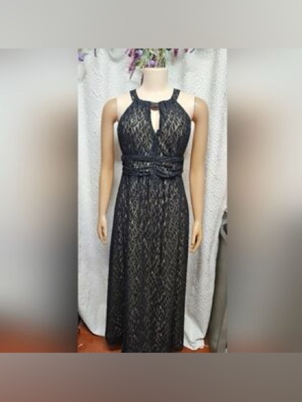 Emma & Michele black lace halter gown